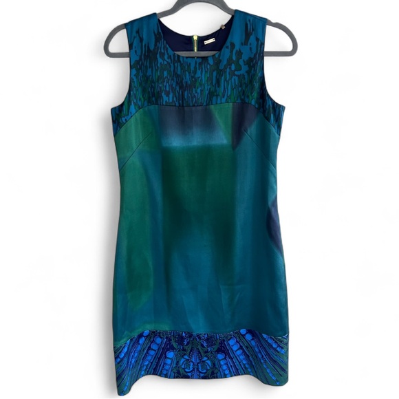 ELIE TAHARI Silk Satin Mixed Print Sleeveless Sheath Dress Artsy Jewel Tone Sz 6 - Picture 1 of 14